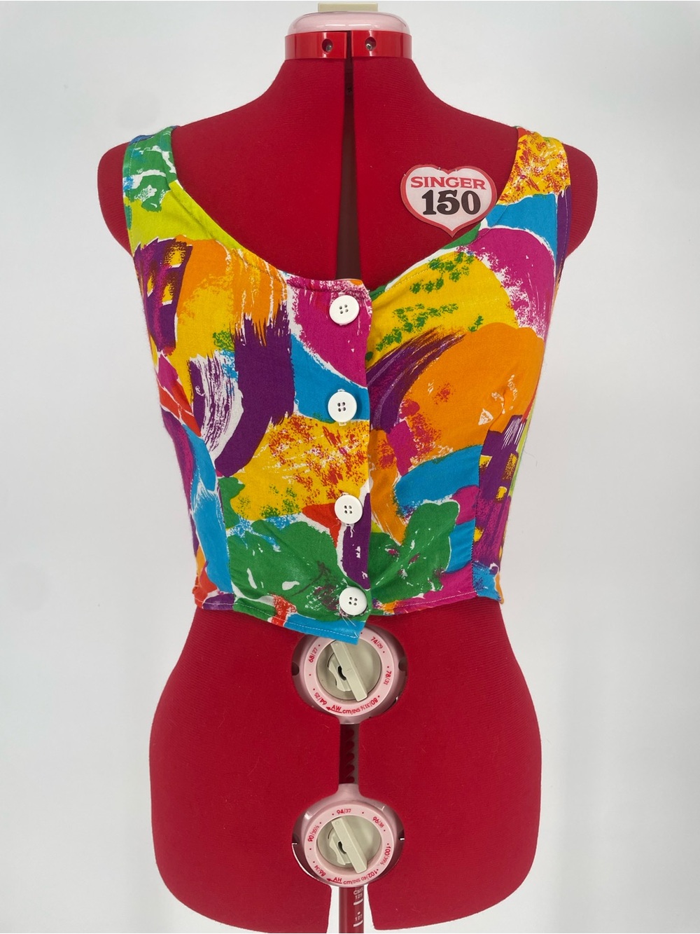 80s 90s Retro Colorful Abstract Printed Shirred Back Criss Cross Strap Crop Top